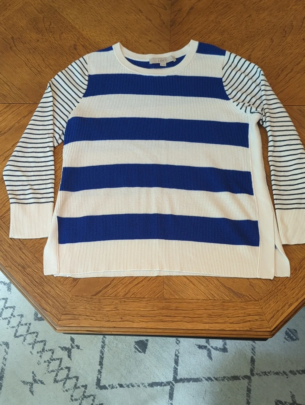 LOFT Blue, Black, and White Striped Crewneck Sweater